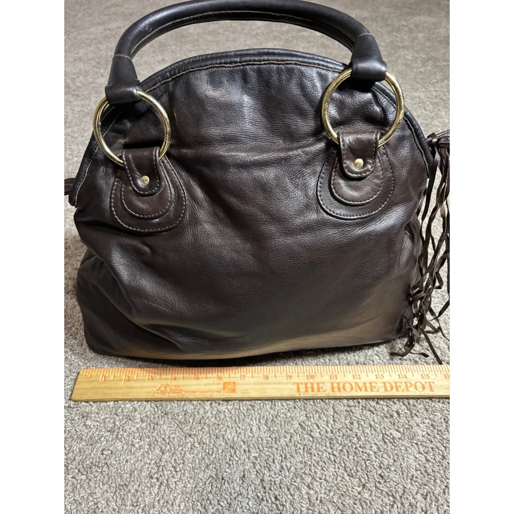 Bulga Dark Brown Leather Satchel Handbag Gold Ring Hardware Tassel Fringe Boho